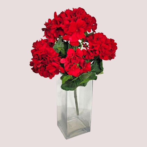 This realistic artificial flower is a red geranium bush with Greenery is UV Resistant. It is a great floral craft supply.