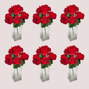 This realistic artificial flower is 6 red geranium bushes with Greenery.  It is a UV Resistant floral craft supply.