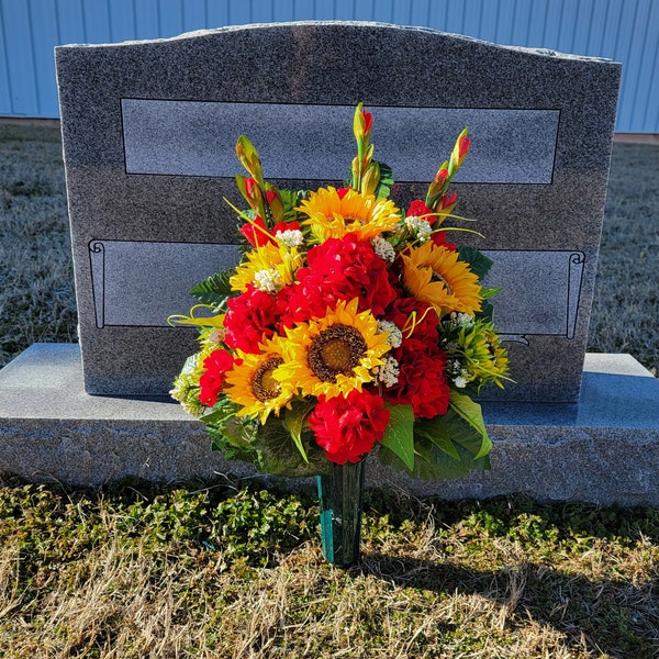 Sunflower memorial decoration with faux floral silk geranium grave flowers for cemetery, funeral, or grave decorations.