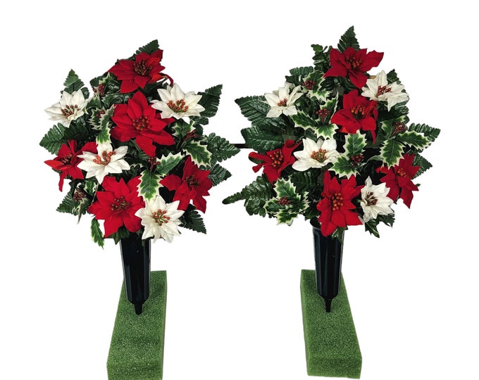 This Christmas Memorial Cone Has Red Roses, Berries, Holly, and Snowy