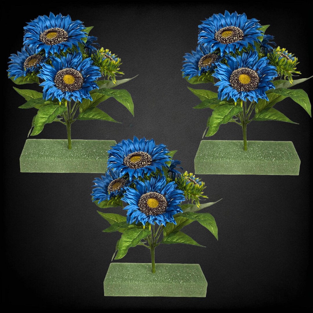 These 3 Blue Sunflower Artificial Flower Bushes Have Blooms and Buds ...