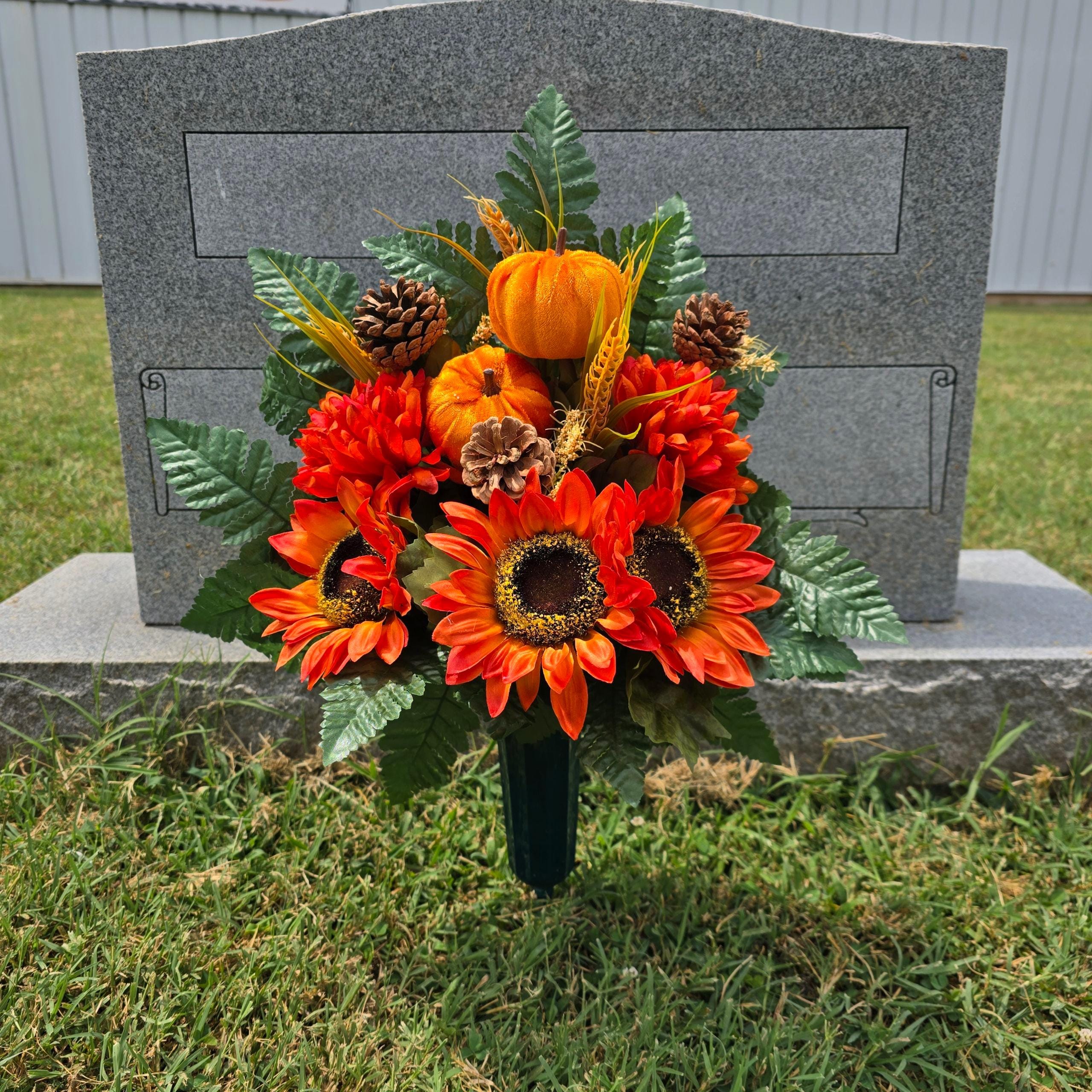 A Fall Memorial Decoration Cemetery Cone Orange Sunflower and Mum Grave