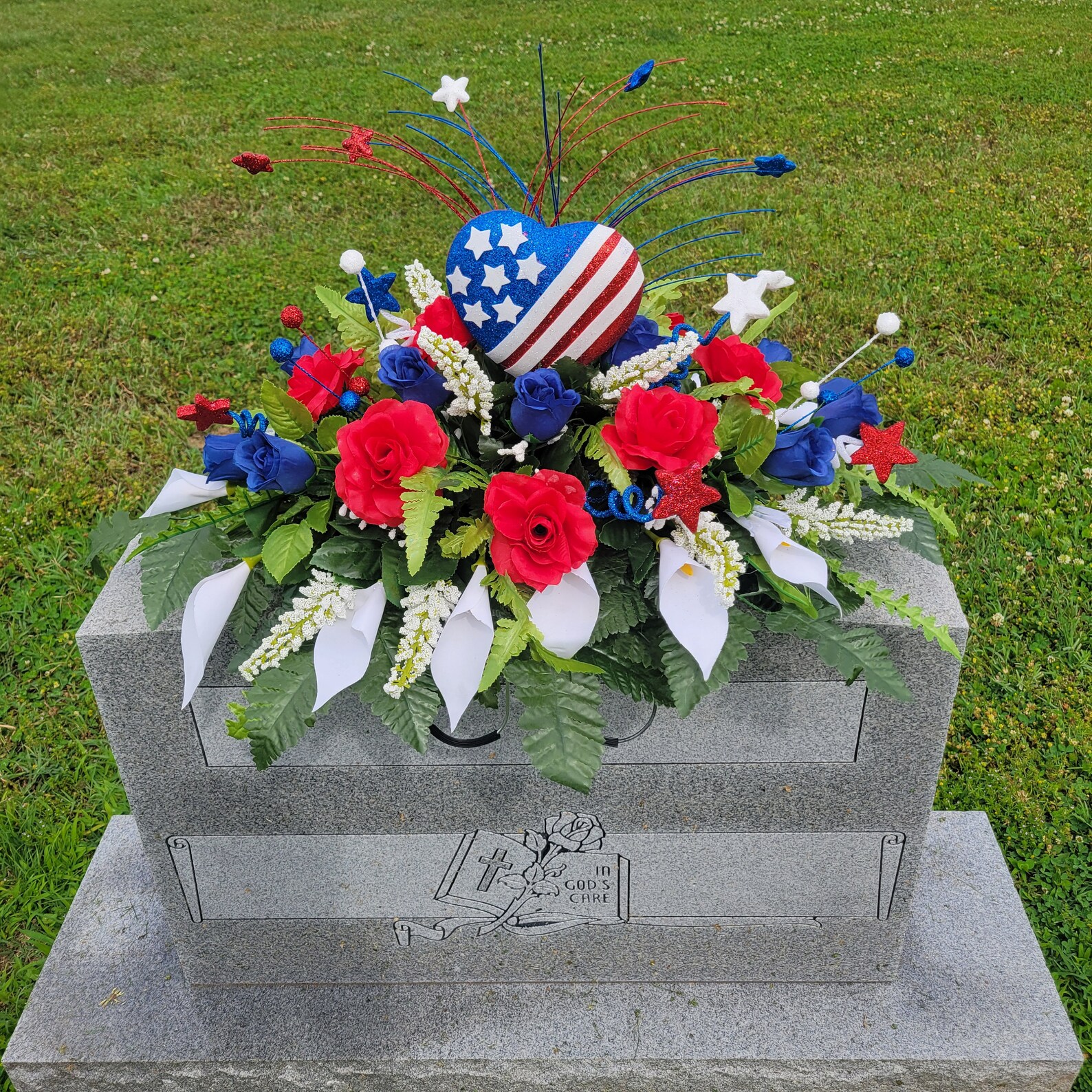 This Patriotic Cemetery Headstone Saddle Has Red, White, and Blue Rose ...