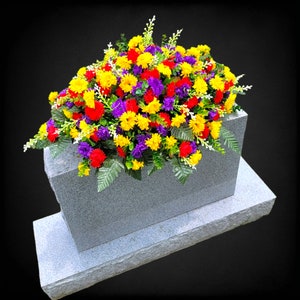 This Headstone Saddle has grave flowers including Multi-Colored Mini Mums. It is a perfect funeral or cemetery decoration. image 6