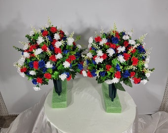 This is a pair of Jumbo Red, White, & Blue Mini Mum Patriotic memorial decorations. Set of 2 360-degree cemetery cone arrangements.