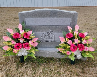 This cemetery cone pair has grave flowers including Beauty Pink Calla Lilies & Roses. It is a perfect funeral or memorial decoration.