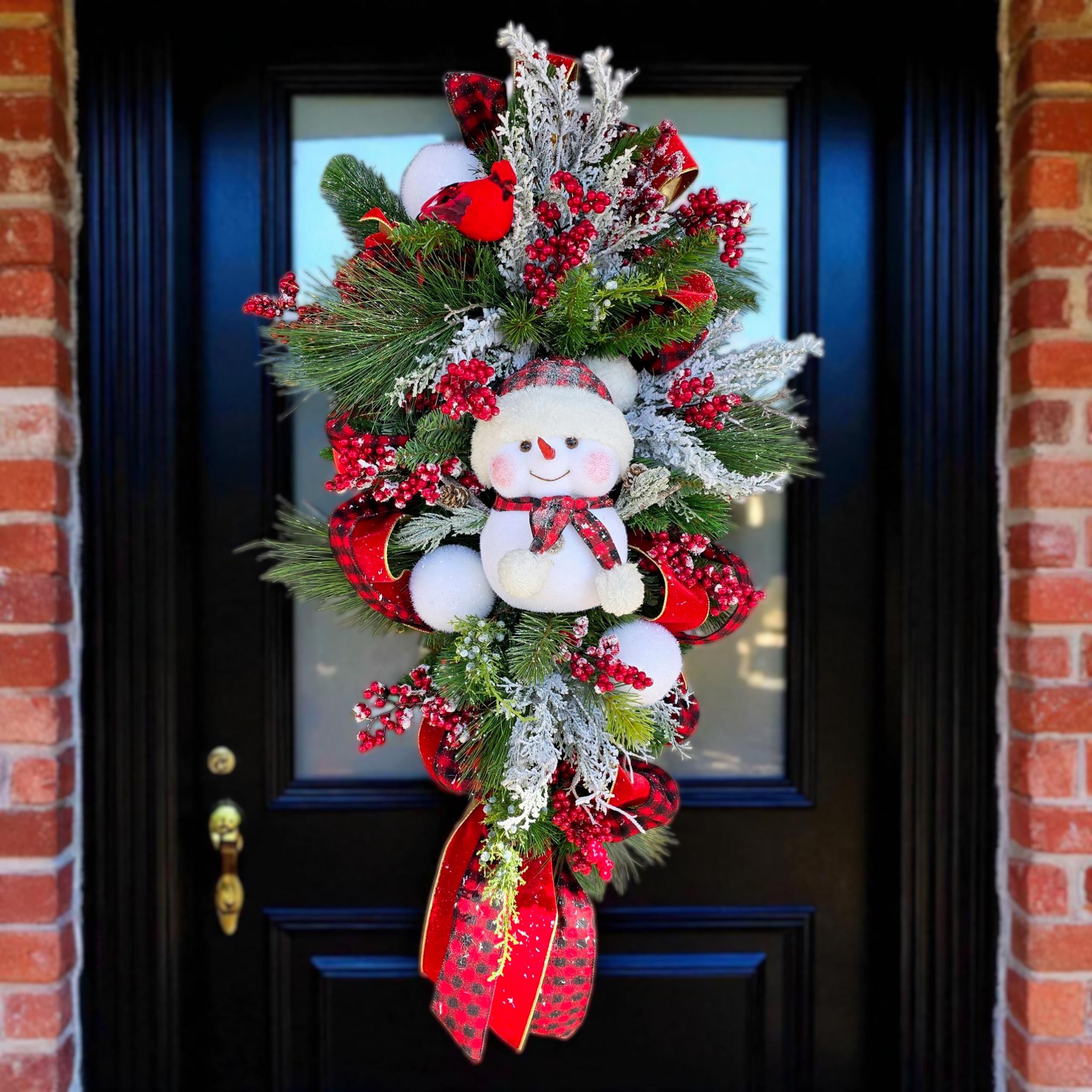 This Christmas Front Door Wreath Swag With Large Snowman, Berries, Pine ...