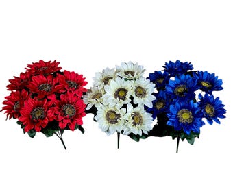 Artificial Red, White, and Blue Sunflower Bushes, Silk Floral Craft Supply, Memorial Decor (Set of 3)