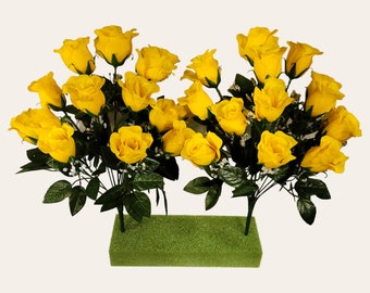 This is 2 artificial flowering bushes with 14 yellow rosebud flowers. It is great for floral craft supply, memorial, bridal, and DIY.