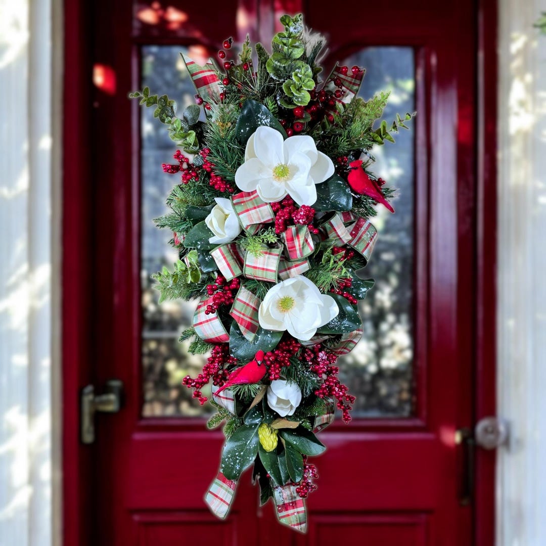 This Christmas Front Door Wreath Swag With Large Magnolias