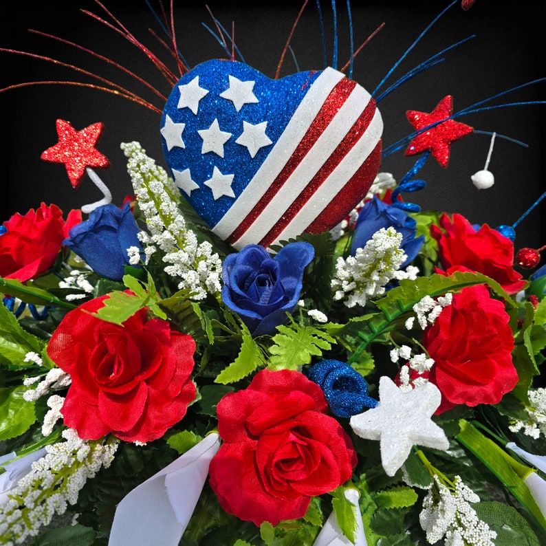This Patriotic Cemetery Headstone Saddle Has Red, White, and Blue Rose ...