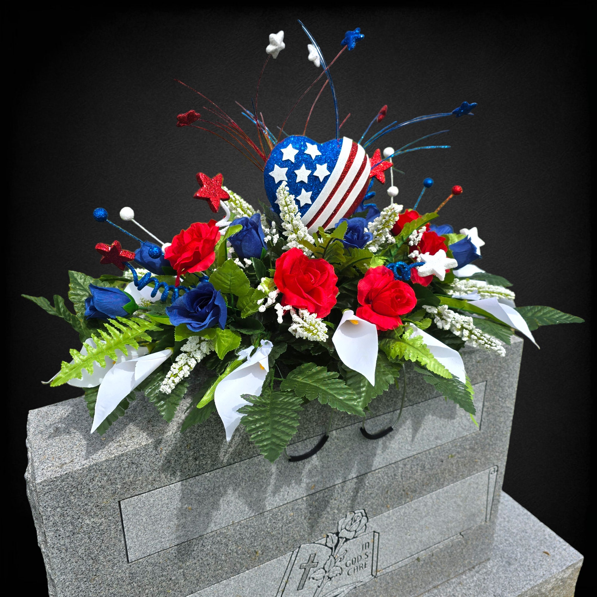 This Patriotic Cemetery Headstone Saddle Has Red, White, and Blue Rose ...