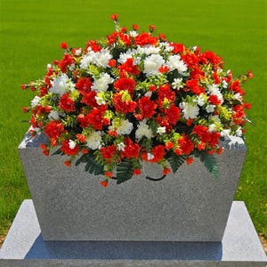 Elegant Chrysanthemum Headstone Saddle with Cream and Orange Grave Flowers for Cemetery Fall Memorial Decorating. New for 2025!