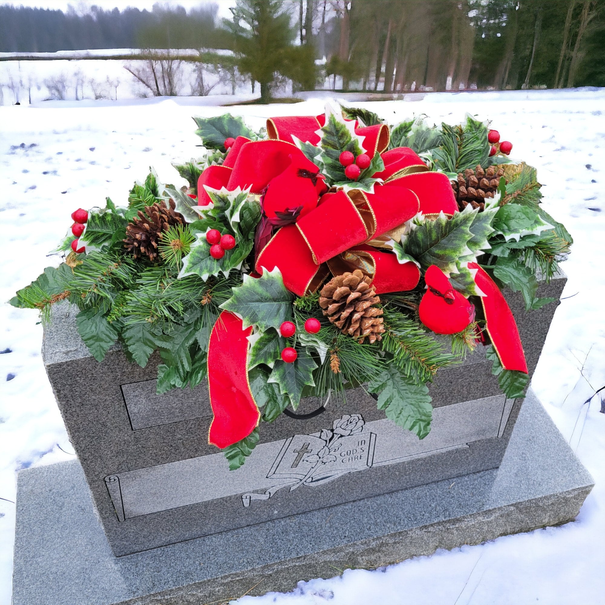 This Holly and Cardinal Christmas Cemetery Saddle Has a Giant Red