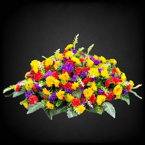 This Headstone Saddle has grave flowers including Multi-Colored Mini Mums. It is a perfect funeral or cemetery decoration. image 10