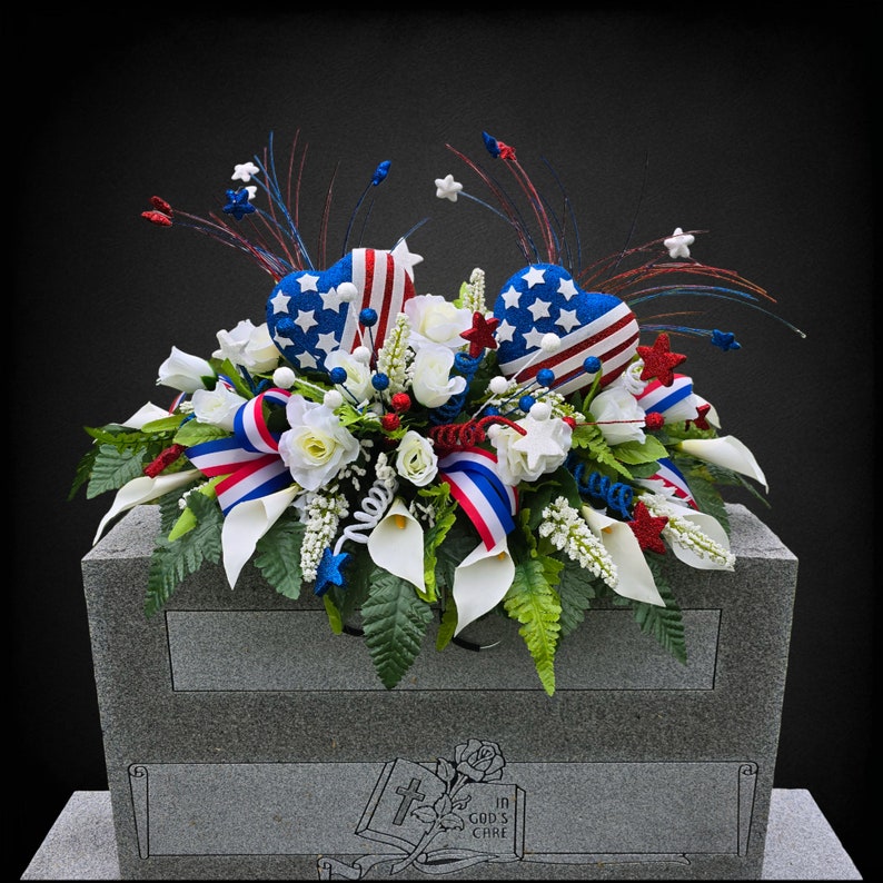 This is a Patriotic Cemetery Headstone Saddle With Grave Flowers ...