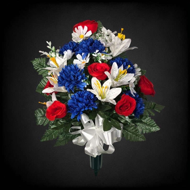 This Patriotic Cemetery Cone Has Red, White, & Blue Grave Flowers ...