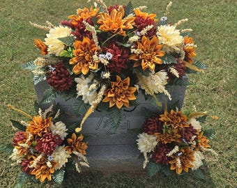 Headstone Saddle Set (3) with Cream & Rust Mum Dahlia Autumnal Flowers - Fall Memorial Decoration Flowers for Grave