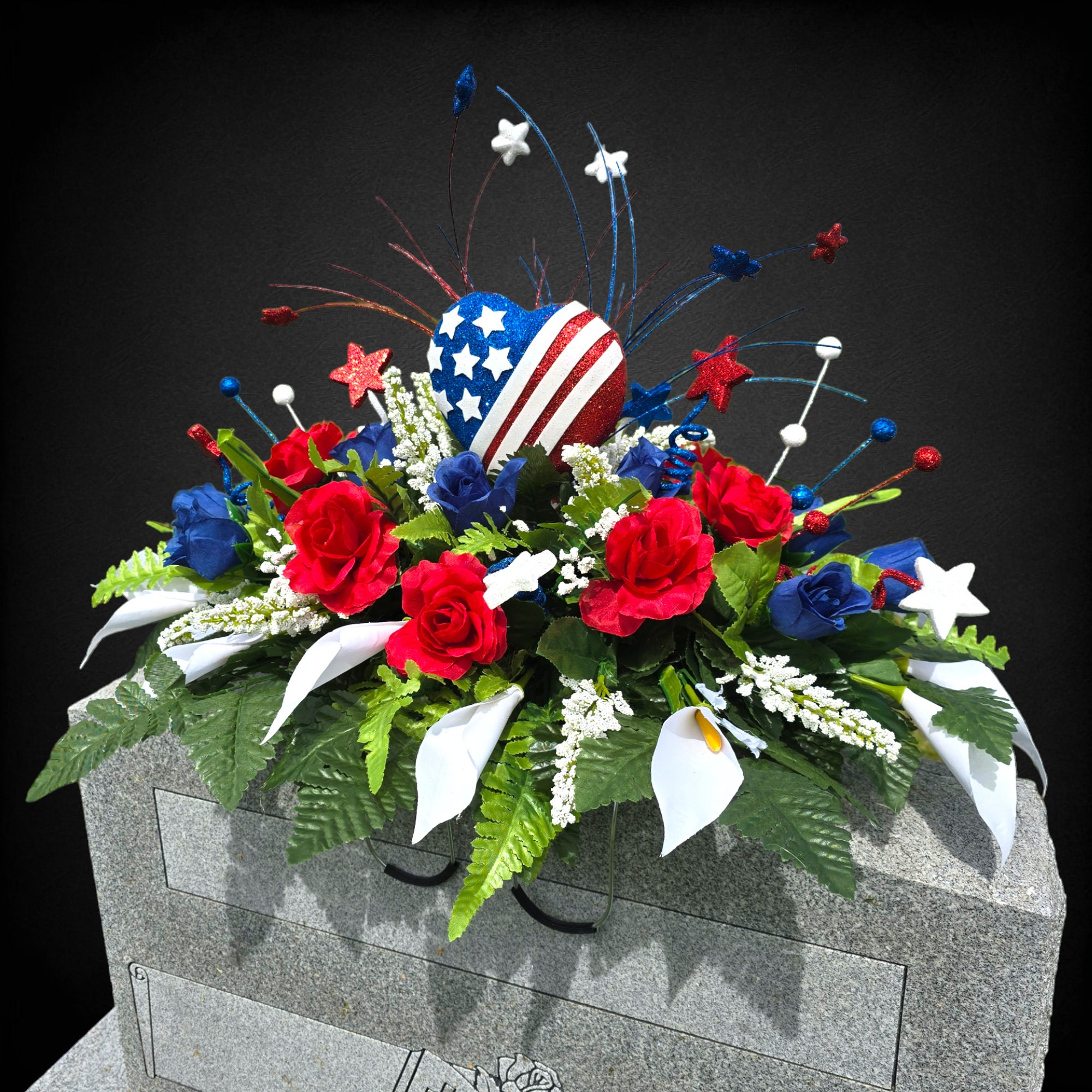 This Patriotic Cemetery Headstone Saddle Has Red, White, and Blue Rose ...
