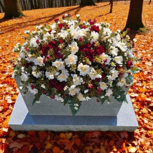 Headstone Saddle with Elegant Chrysanthemum Cream and Burgandy Grave Flowers for Cemetery Memorial Decorating. New for 2025!
