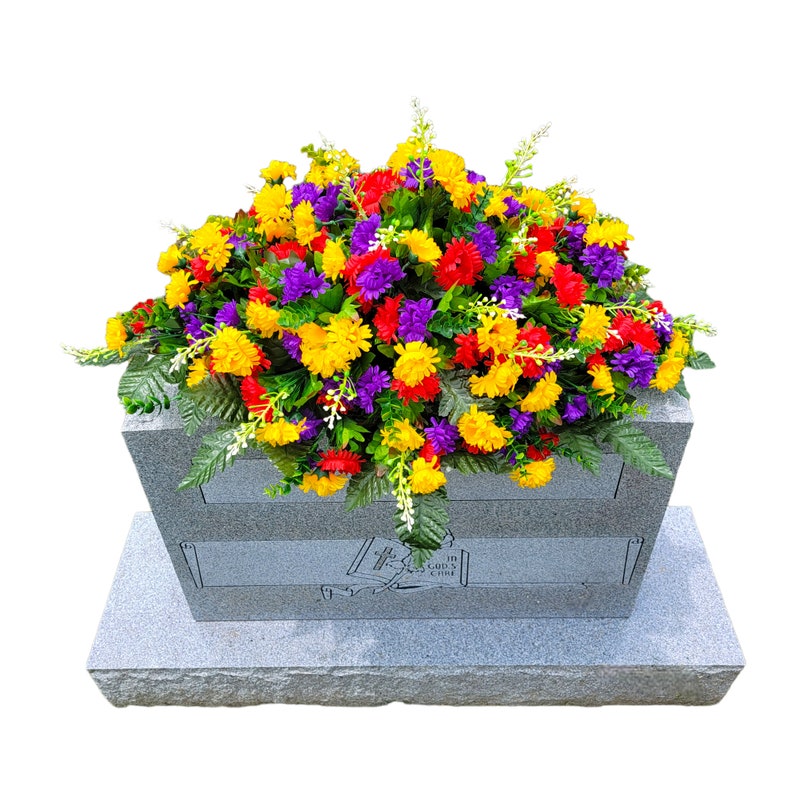 This Headstone Saddle has grave flowers including Multi-Colored Mini Mums. It is a perfect funeral or cemetery decoration. image 5