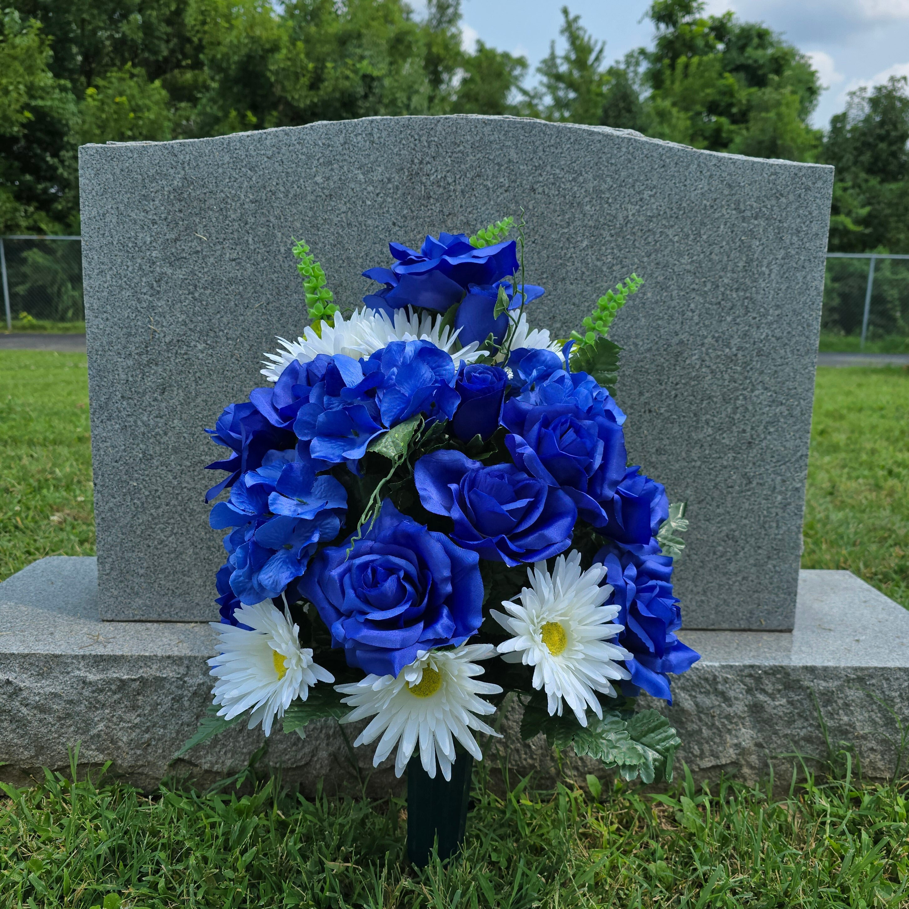 This Cemetery Cone Has Blue Roses, White Gerbera Daisies