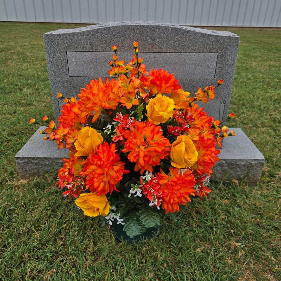 Extra Large Fall Memorial Decoration With Orange Mums & Yellow Rose ...