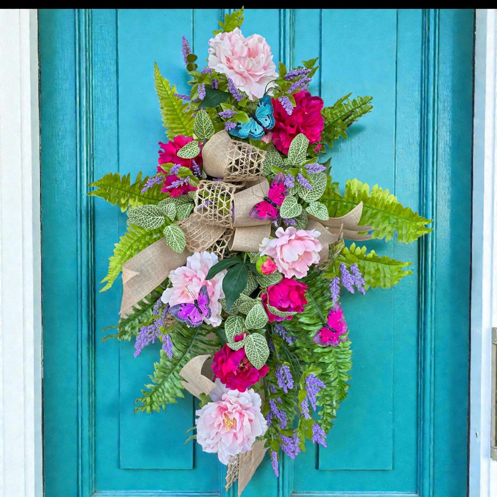 This Spring Front Door Wreath Swag Has Pink Peonies, Fittonia, Fern