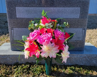 This is a Single Spectacular Two-Tone Pink Dahlia, Pink Rose, and Beauty Trumpet Lily Cemetery Vase cone arrangement for decorating graves.