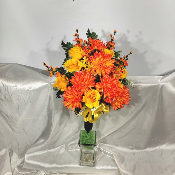 Orange Fuji Mum,Yellow Rosebud, Orange delphinium Cemetery Cone Decoration - Cemetary Flowers for Vase - Memorial Floral Arrangement