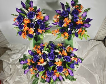 This is a Purple Calla Lily/Rose Headstone Set with Bright Orange Tweedia Filler Flowers. -Cemetery Flowers-Cemetery Floral Arrangement