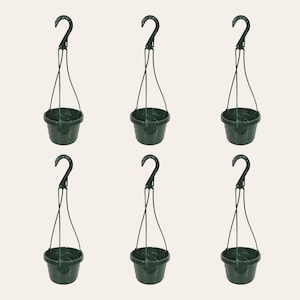 May include: Six green plastic hanging planters with metal hooks. Each planter has a round shape and a textured surface.
