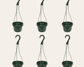 This is a set of 6 6&quot; green plastic hanging baskets with a removable handle.