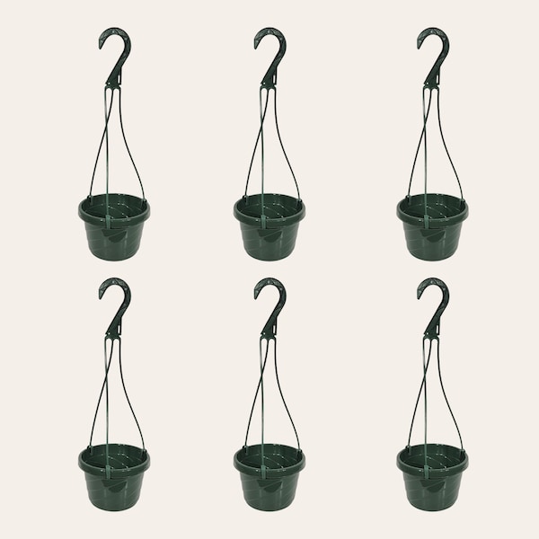 This is a set of 6 6" green plastic hanging baskets with a removable handle.