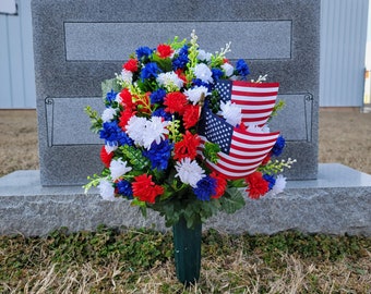 Patriotic Red White & Blue Memorial Decoration with mini mum grave flowers for cemetery cone, funeral, or grave. 180 degrees