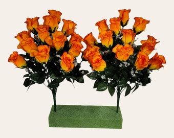 This is 2 artificial flowering bushes with 14 orange rosebud flowers. It is great for floral craft supply, memorial, bridal, and DIY.