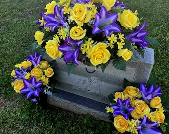 Headstone saddle set with matching Vases-Yelliw Roses Purple trumpet lilies-Cemetary Decorations