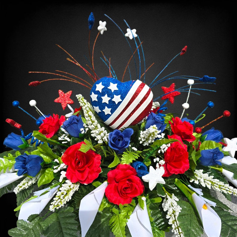 This Patriotic Cemetery Headstone Saddle Has Red, White, and Blue Rose ...