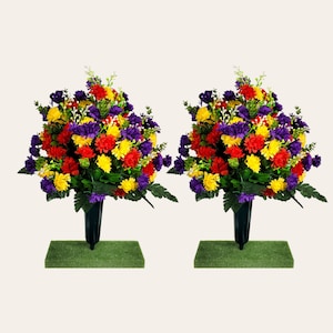 This memorial decoration pair has multicolor mini mum grave flowers for cemetery. It is a 360-degree red, yellow, and purple funeral flowers