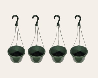 This is a set of 4 10" green plastic hanging baskets with a removable handle.