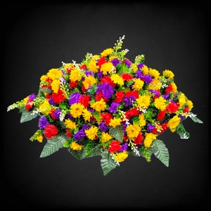 This Headstone Saddle has grave flowers including Multi-Colored Mini Mums. It is a perfect funeral or cemetery decoration. image 4