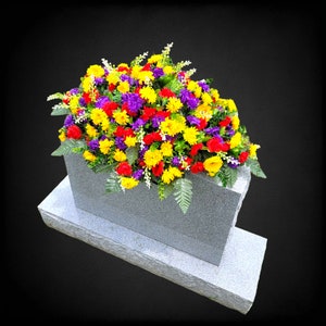 This Headstone Saddle has grave flowers including Multi-Colored Mini Mums. It is a perfect funeral or cemetery decoration. image 3