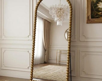 58" x 21" Arched Full Length Mirror, Antique Beaded Frame Floor Standing or Wall Mounted Mirror with Stand