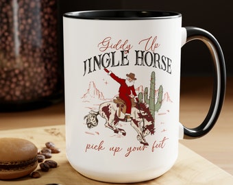 Tasse à café de Noël de cow-boy Tasse à café de cow-boy rodéo Cadeau de Noël de cow-boy Jingle Horse étourdissant Tasses à café bicolores, 15 oz