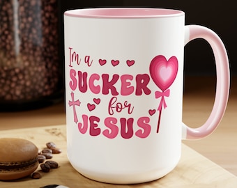 I'm A Sucker For Jesus Christian Valentine Coffee Cup Christian Cross Valentine Coffee Mug Jesus Lover Coffee Mug Two-Tone Coffee Mugs, 15oz