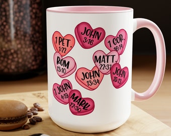 Scripture Conversation Hearts Christian Valentine Coffee Mug Jesus Lover Coffee Cup Galentines Candy Hearts Mug Two-Tone Coffee Mugs, 15oz