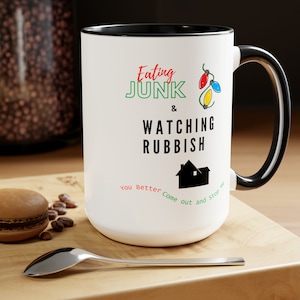 Eating Junk and Watching Rubbish Christmas Cocoa Mug Home Alone Coffee Mugs Kevin McCallister Coffee Cups Two-Tone Coffee Cocoa Mugs 15oz image 1