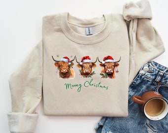 Cute Christmas Cows Sweatshirt Highland Cows Mooey Christmas Sweater Funny Christmas Cow Shirt Christmas Highland Cow Crewneck Sweatshirt