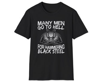 Muchos hombres van al infierno divertido herrero camisa Bladesmith Farrier cuchillo fabricante metalúrgico trabajador de hierro regalos de Navidad unisex camiseta de algodón pesado
