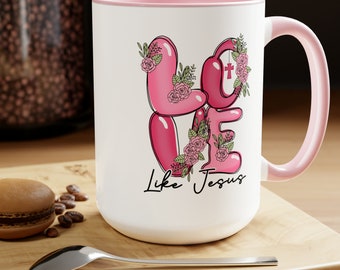 Love Like Jesus Christian Valentine Coffee Cup Jesus Lover Coffee Mug Galentines Two-Tone Coffee Mugs, 15oz